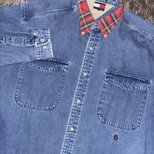Vintage TOMMY‎ HILFIGER Red Plaid Collar Blue Jean Shirt Size Medium Denim